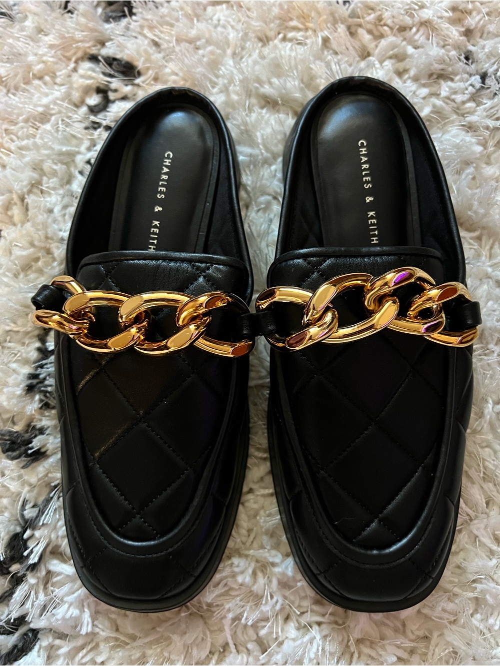Charles & Keith Black Quilted Mules with Gold Chain